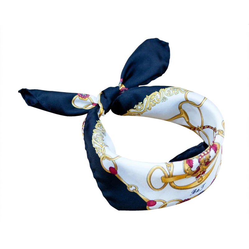 Foulard da collo donna in seta con bordo nero e stampa catene annodato