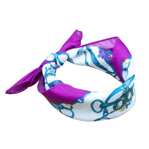 Foulard da collo in seta bianco e viola con stampa catene annodato