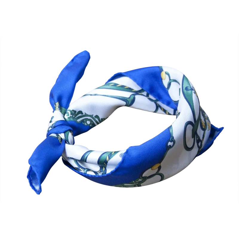 Piccolo foulard da collo in seta annodato con bordo blu acceso e interno bianco verde