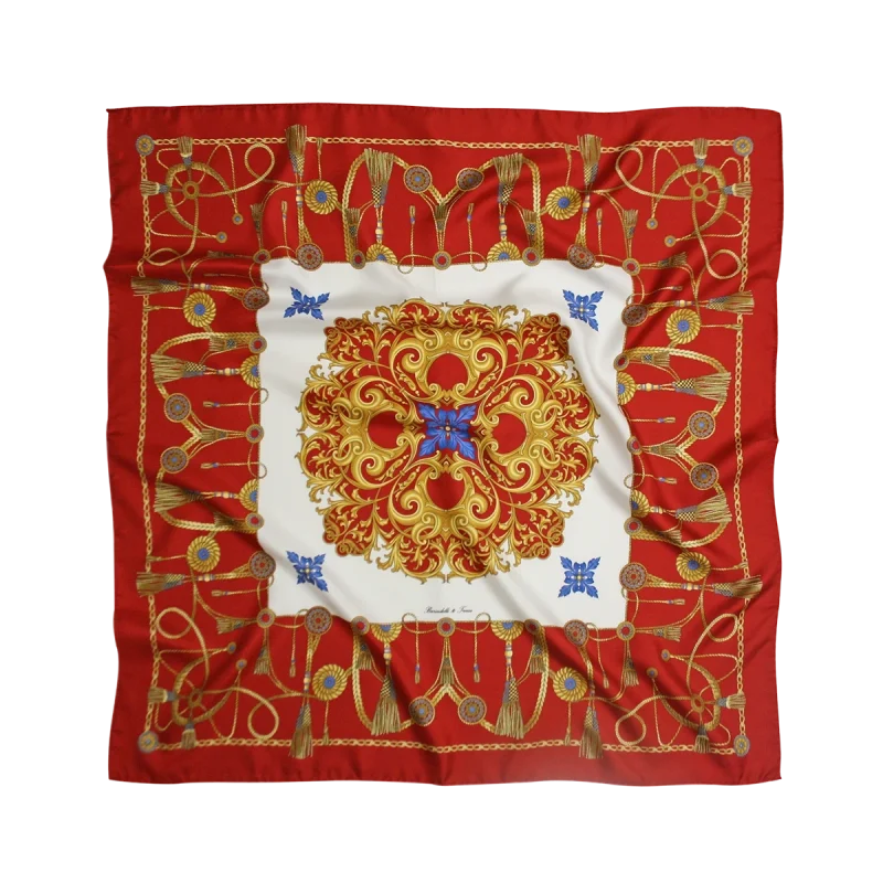 Foulard 90x90 in seta rosso rubino con fantasia Marina Classica