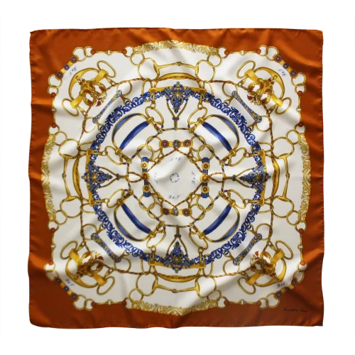 foulard 90x90 in seta con fantasia anelli e corde e bordo arancio bruciato