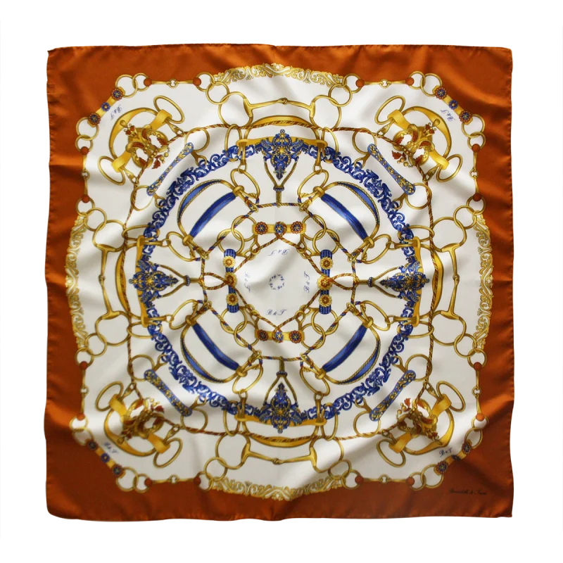 foulard 90x90 in seta con fantasia anelli e corde e bordo arancio bruciato