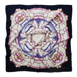 foulard 90x90 in seta blu navy e rosa con disegno di anelli e corde