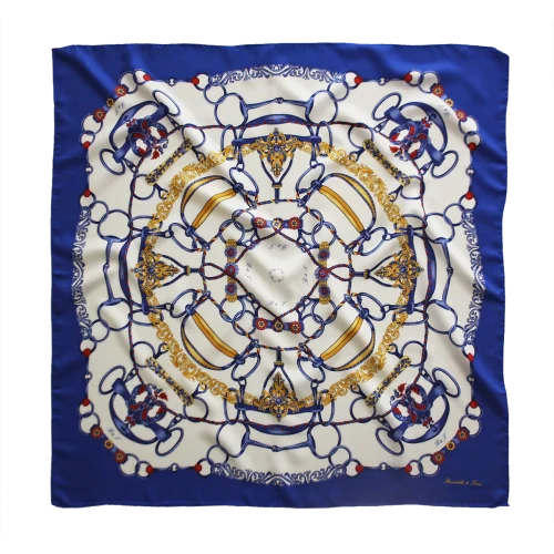 foulard 90x90 in seta con fantasia anelli e corde e bordo blu royal