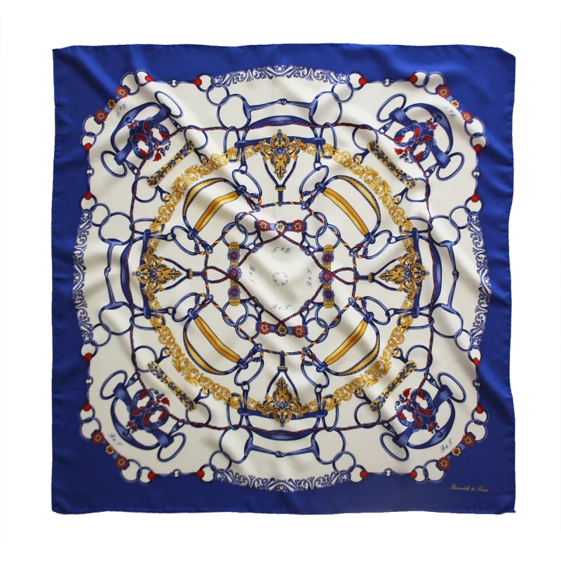 foulard 90x90 in seta con fantasia anelli e corde e bordo blu royal