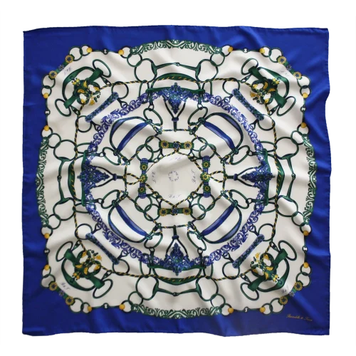 Foulard 90x90 in Seta Anelli e Corde Blu e Verde FCB33 foulard 90x90 in seta blu e verde con fantasia anelli e corde