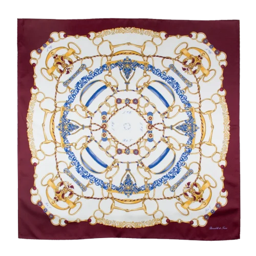 foulard 90x90 in seta con bordo bordeaux e fantasia anelli e corde