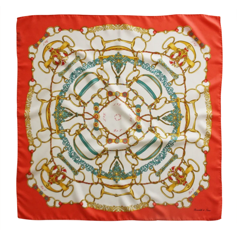 Foulard 90x90 in Seta Anelli e Corde Corallo FCB28 foulard 90x90 in seta con fantasia anelli e corde e bordo corallo