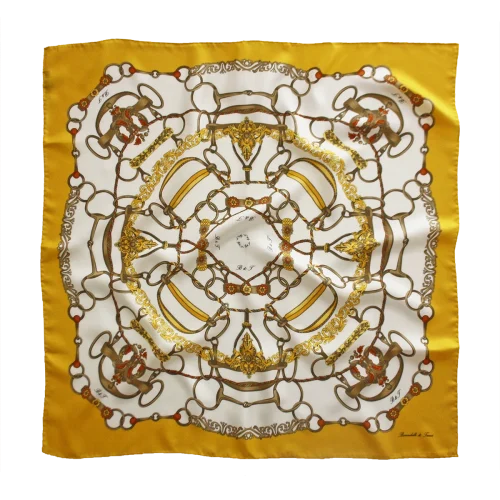 foulard 90x90 in seta con fantasia anelli e corde e bordo giallo ocra