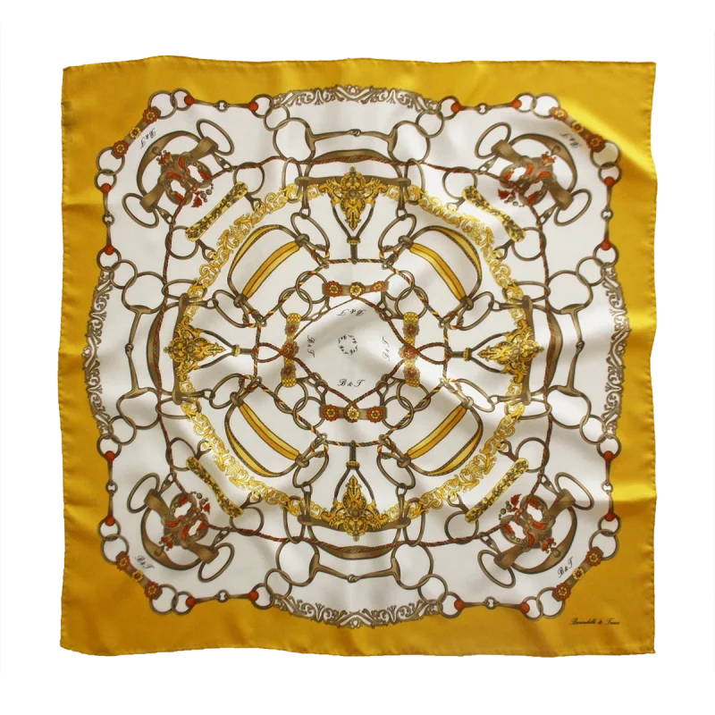 foulard 90x90 in seta con fantasia anelli e corde e bordo giallo ocra