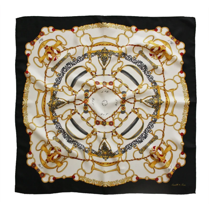 Foulard 90x90 in Seta Anelli e Corde Nero FCB30 foulard 90x90 in seta con fantasia anelli e corde e bordo nero