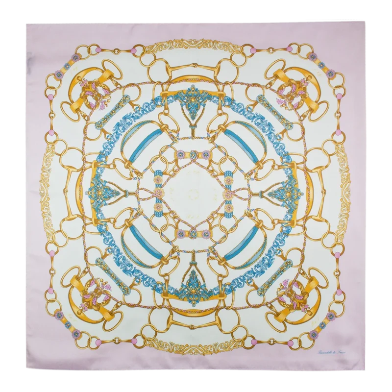 Foulard Donna 90x90 in Seta Rosa Cipria e Azzurro FCB34 foulard 90x90 in seta rosa cipria e azzurro con fantasia anelli e corde