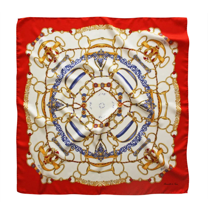 foulard 90x90 in seta rosso con disegno di anelli e corde