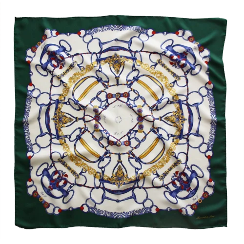 Foulard 90x90 in Seta Anelli e Corde Verde Bosco FCB32 foulard 90x90 in seta con fantasia anelli e corde e bordo verde bosco