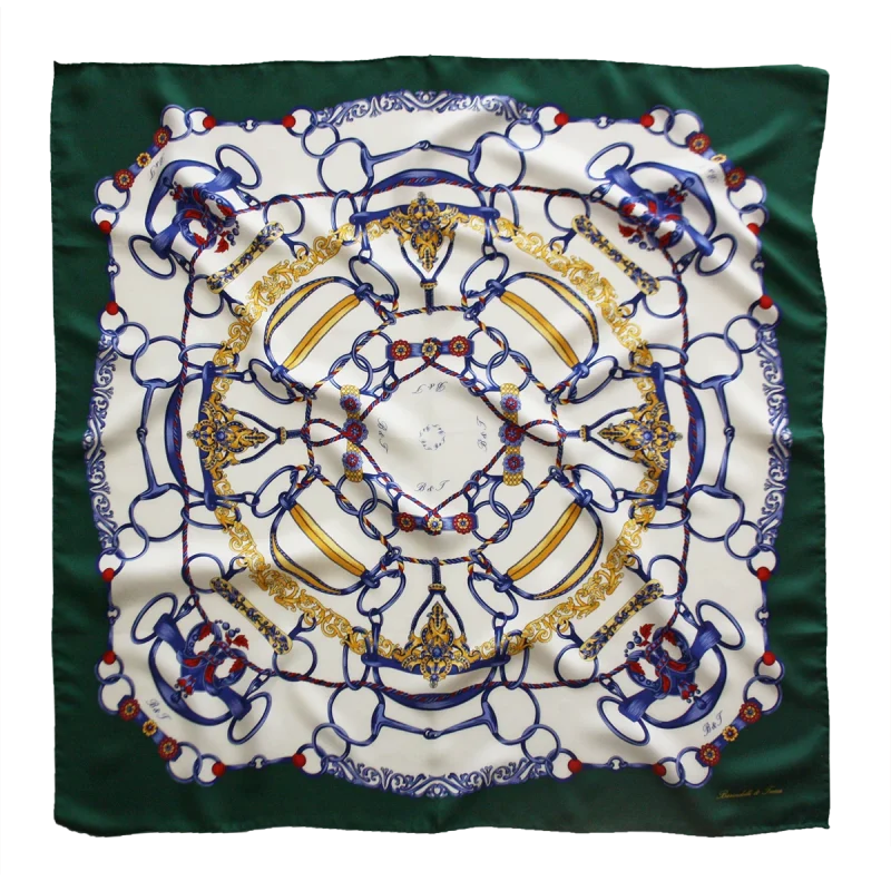 foulard 90x90 in seta con fantasia anelli e corde e bordo verde bosco