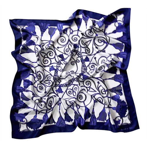 foulard 90x90 in seta con corde e nappine nelle tonalità del blu navy