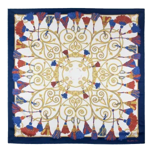 Foulard Donna 90x90 in Seta Blu Navy e Rosso FCB19 foulard 90x90 in seta blu navy e rosso con fantasia corde e nappine
