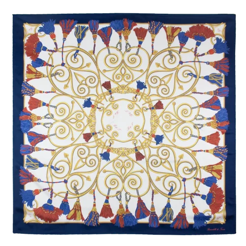 foulard 90x90 in seta blu navy e rosso con fantasia corde e nappine