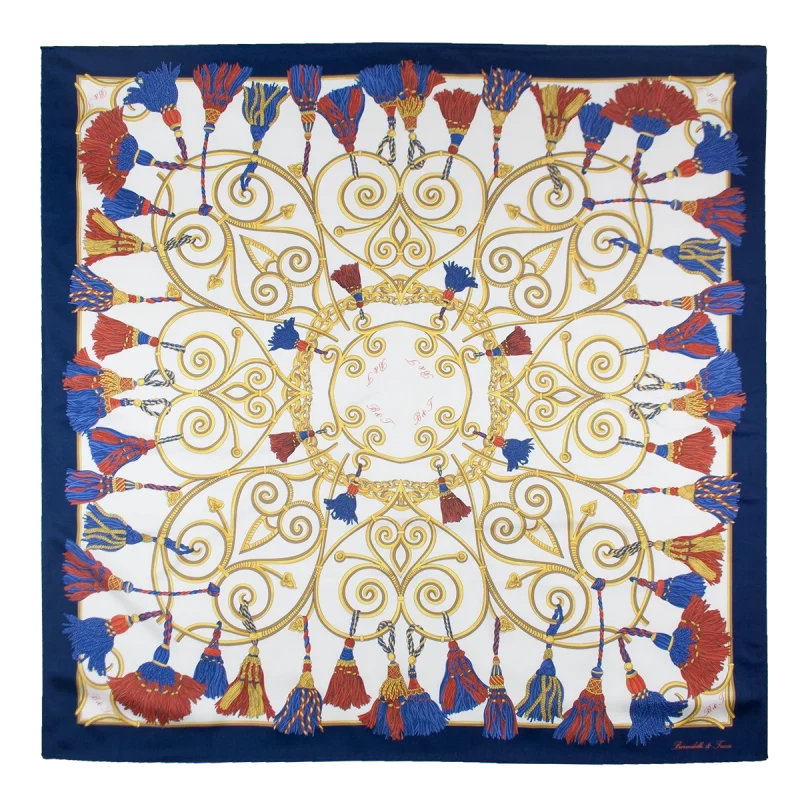Foulard Donna 90x90 in Seta Blu Navy e Rosso FCB19 foulard 90x90 in seta blu navy e rosso con fantasia corde e nappine