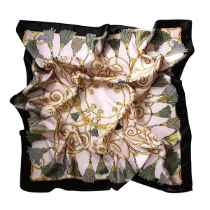 Foulard Donna 90x90 in Seta Corde e Nappine Rosa e Nero FCB14 foulard 90x90 in seta rosa con fantasia corde e nappine e bordo nero