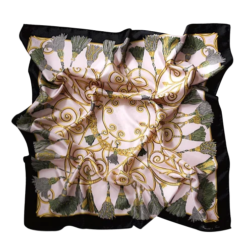 Foulard Donna 90x90 in Seta Corde e Nappine Rosa e Nero FCB14 foulard 90x90 in seta rosa con fantasia corde e nappine e bordo nero