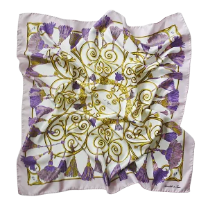 foulard 90x90 in seta rosa cipria con nappine lilla e viola
