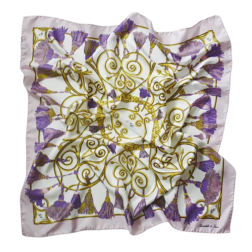 foulard 90x90 in seta rosa cipria con nappine lilla e viola