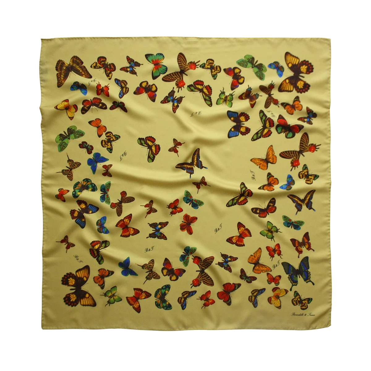 foulard in seta con farfalle multicolore su fondo oro