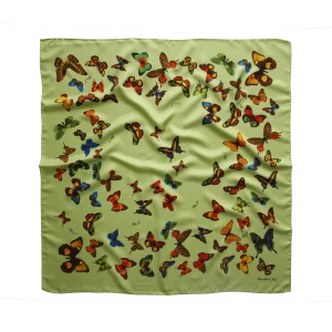 foulard in seta verde salvia con fantasia farfalle multicolore