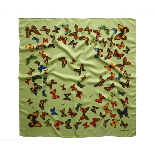 foulard in seta verde salvia con fantasia farfalle multicolore