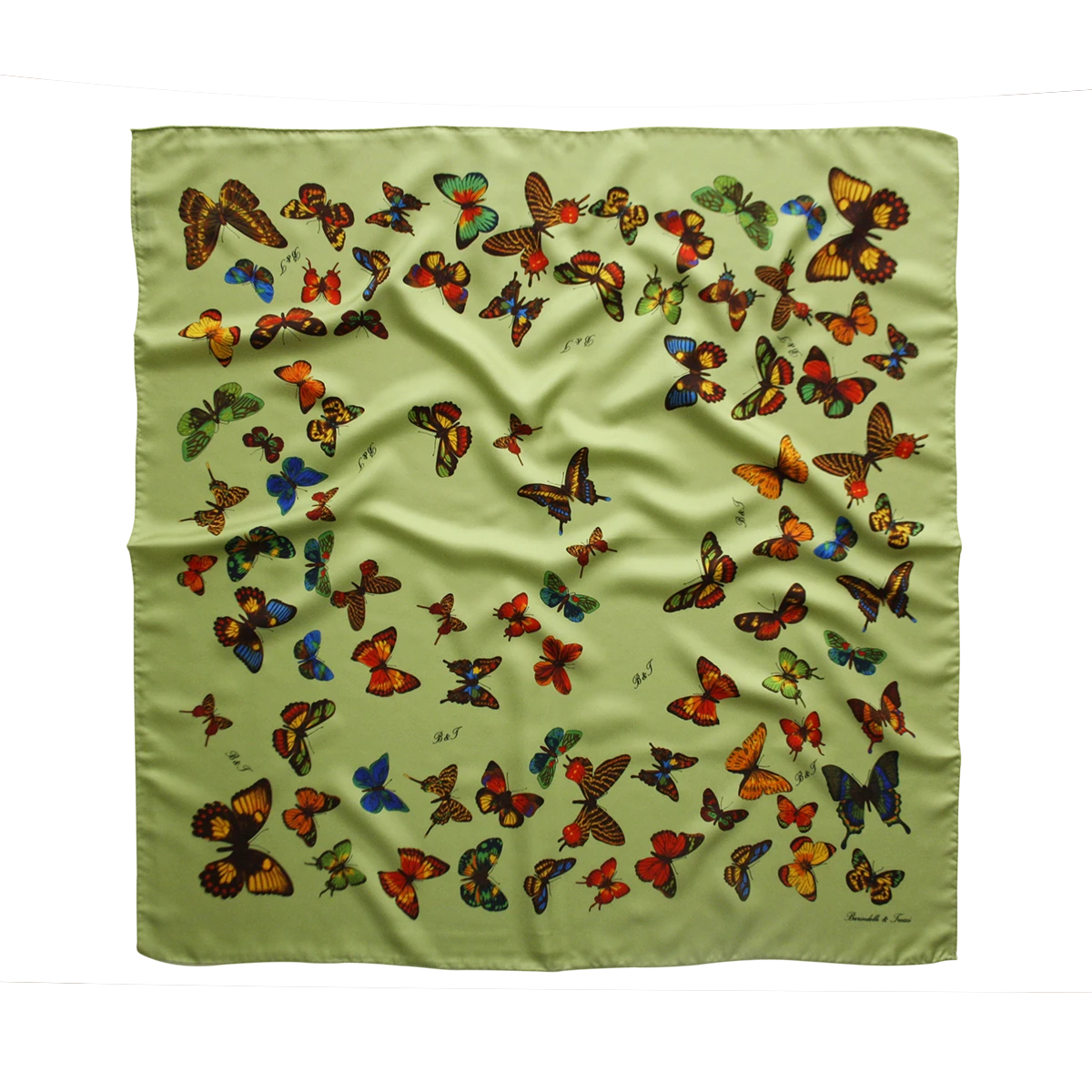 foulard in seta verde salvia con fantasia farfalle multicolore