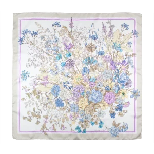 foulard 90x90 in seta con fiori botanici e bordo beige perla