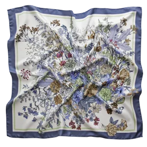 Foulard 90x90 in Seta Fiori Botanici Blu Avio FIA10 foulard 90x90 in seta con fiori botanici e bordo blu avio