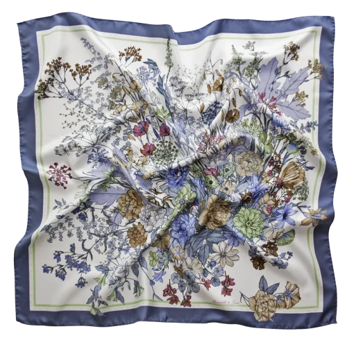 foulard 90x90 in seta con fiori botanici e bordo blu avio