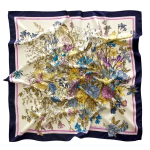 foulard 90x90 in seta con fantasia botanica e bordo blu navy