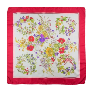 foulard 90x90 in seta con fiori frutti e bordo rosso vivo