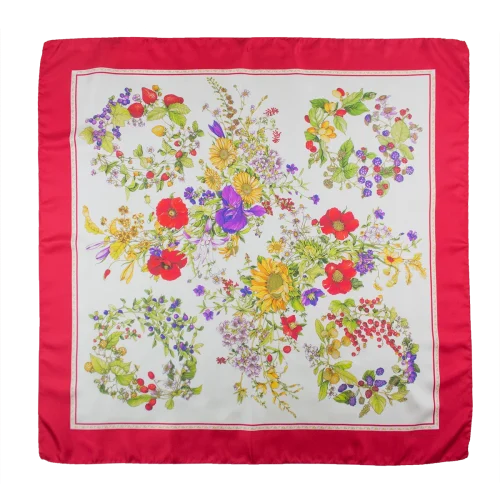 foulard 90x90 in seta con fiori frutti e bordo rosso vivo