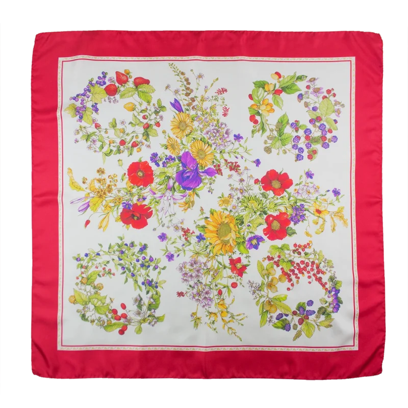 foulard 90x90 in seta con fiori frutti e bordo rosso vivo