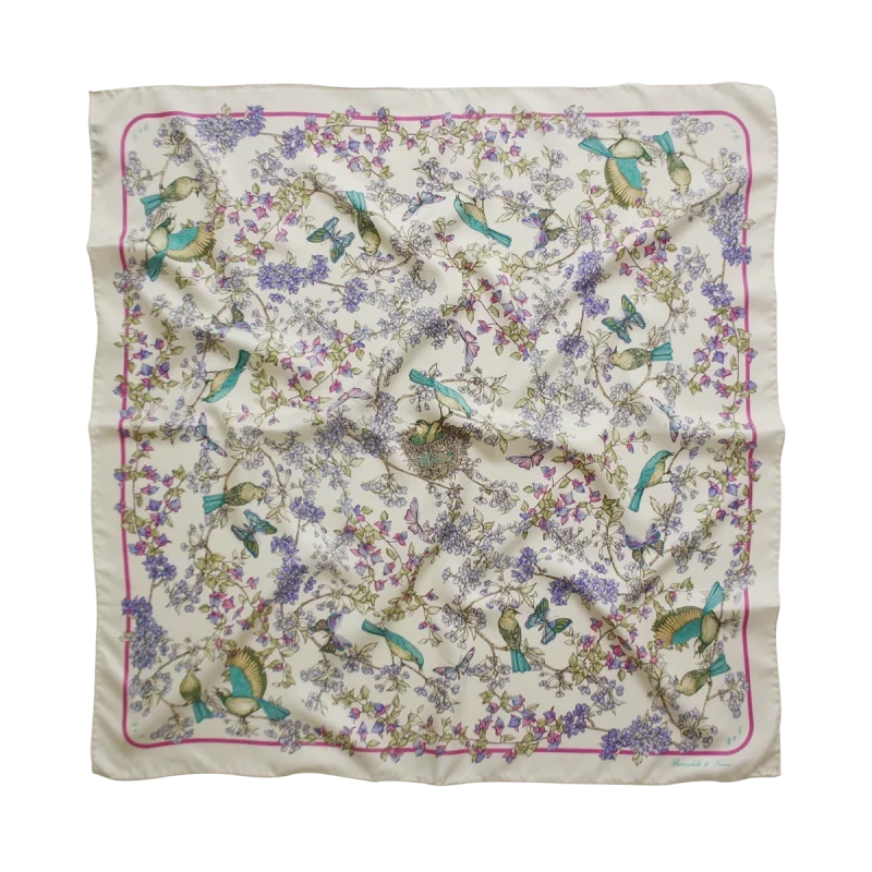 foulard 90x90 in seta multicolore con uccelli farfalle e fiori