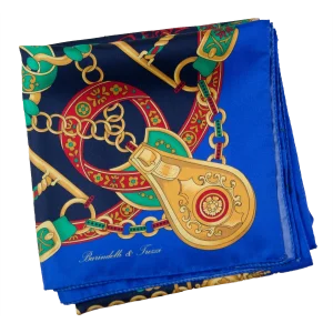 Foulard 90x90 in seta fantasia catene e nastri blu elettrico navy e oro