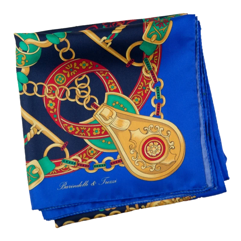 Foulard 90x90 in seta fantasia catene e nastri blu elettrico navy e oro