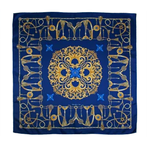foulard in seta blu royal con decorazioni oro e dettagli azzurri steso aperto