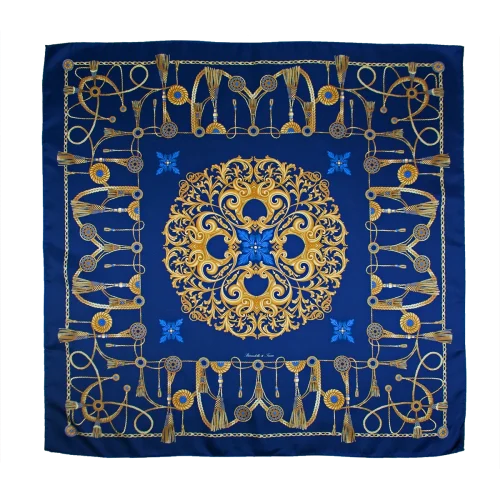 foulard in seta blu royal con decorazioni oro e dettagli azzurri steso aperto