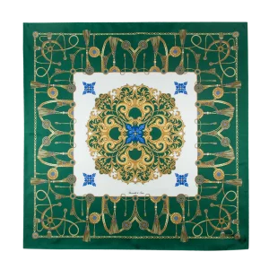 foulard in seta verde smeraldo con dettagli oro e blu steso aperto