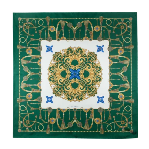 foulard in seta verde smeraldo con dettagli oro e blu steso aperto