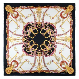 Foulard donna 90x90 in seta con fantasia catene e nastri nero bianco rosso rubino e oro