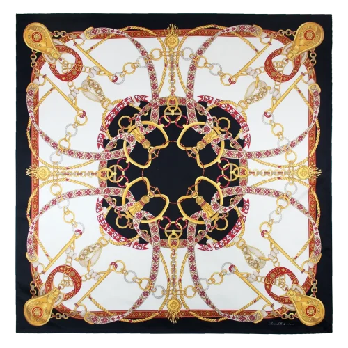 Foulard donna 90x90 in seta con fantasia catene e nastri nero bianco rosso rubino e oro