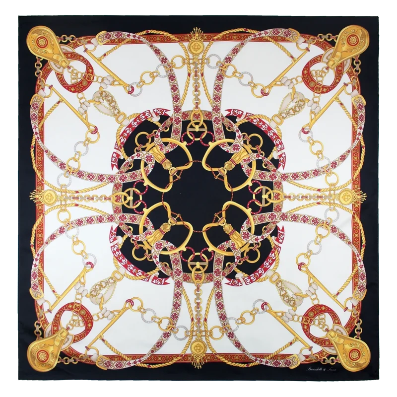 Foulard donna 90x90 in seta con fantasia catene e nastri nero bianco rosso rubino e oro