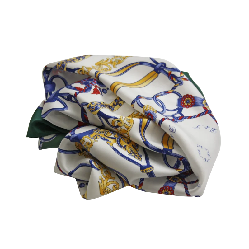 foulard da donna in seta verde bosco drappeggiato con fantasia anelli e corde