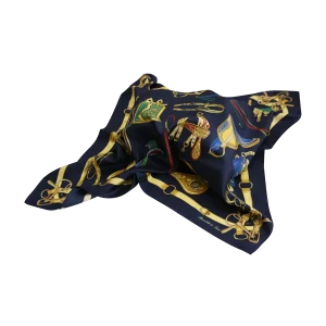 foulard da donna in seta blu navy drappeggiato con disegni equestri dorati